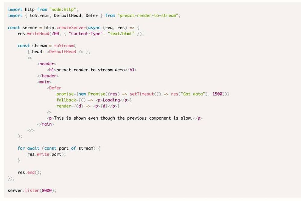 Streaming HTML with preact